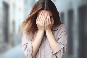 distraught young woman with face buried in her hands displaying one of 5 common signs of anxiety