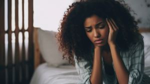 young woman holding her head in her hands and looking distraught as she asks, is Adderall addictive or habit-forming?